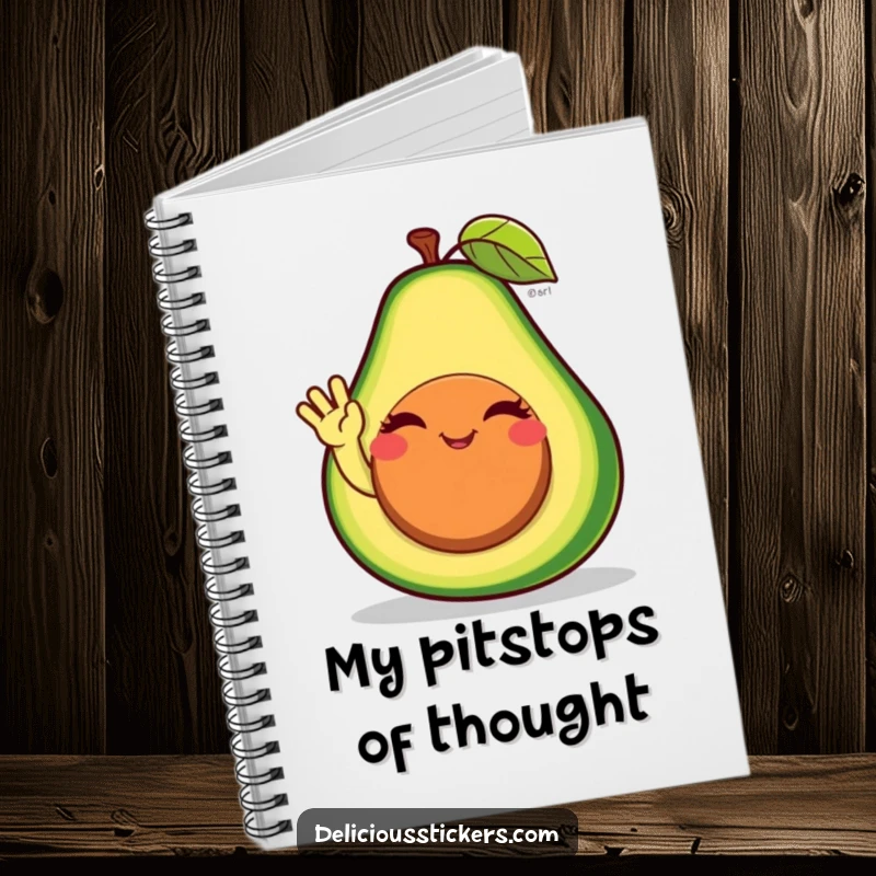 Funny avocado notebook cover with the character winking and waving, ideal for jotting down notes and ideas with a smile.