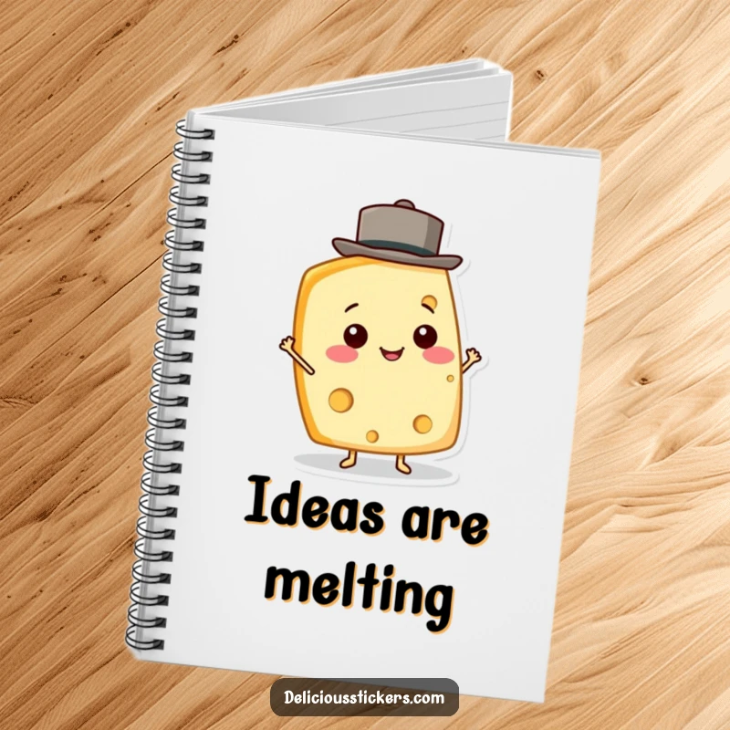 Funny Cheese Wedge Notebook with a smiling cheese character balancing a hat on its cover, perfect for note-taking.