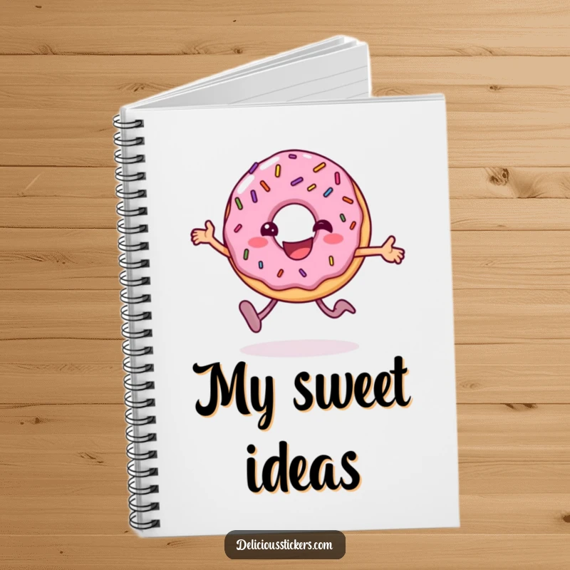 Funny donut notebook cover with the character hopping happily, ideal for jotting down notes and ideas with a smile.