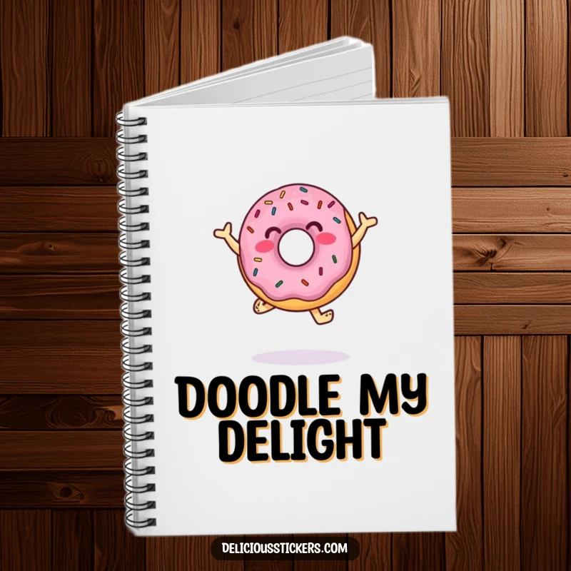 Funny Notebook with a donut character jumping and dancing with sprinkles, perfect for creative writing and sweet journaling.