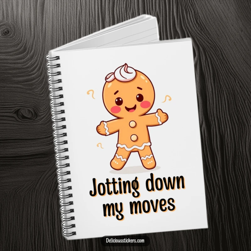 Funny gingerbread man doing a jig with frosting, this notebook is great for jotting down funny baking ideas, perfect gift.