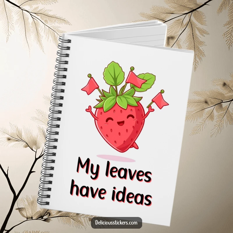 Funny notebook adorned with a playful strawberry character juggling its leaves like small flags, perfect for capturing ideas with a touch of humor.