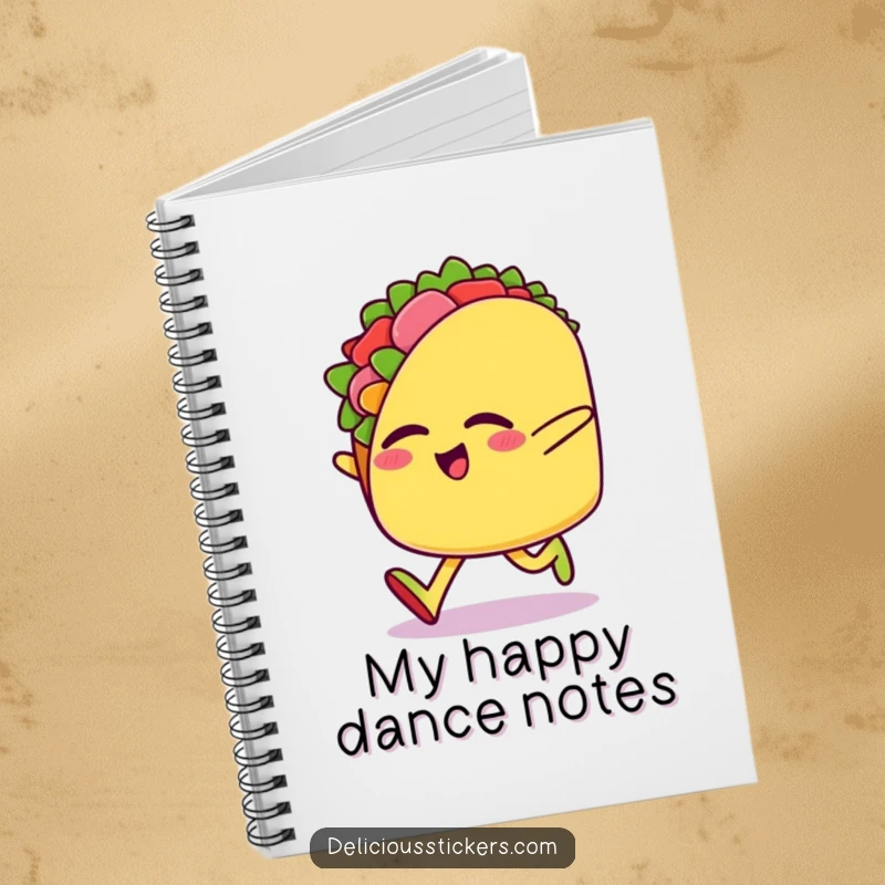 Funny notebook with a happy taco character joyfully skipping sideways with eyes closed, inspiring fun note-taking.