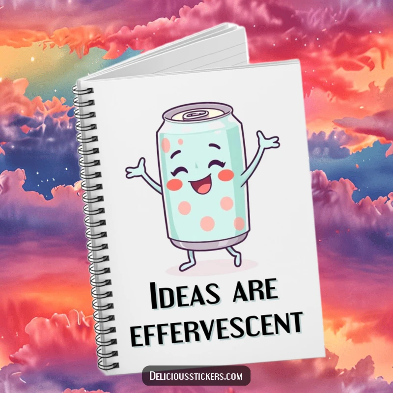 Funny Soda Can Notebook with a cheerful soda can character doing a happy dance, perfect for notes.