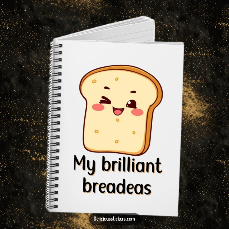 Funny notebook featuring a mischievous bread loaf character with a wink and grin, ideal for capturing notes with a humorous touch.