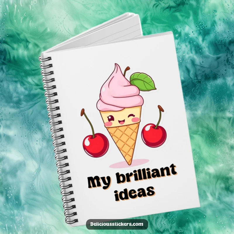 Funny ice cream cone winking and balancing cherries, this notebook is great for jotting down funny dessert ideas, perfect gift.