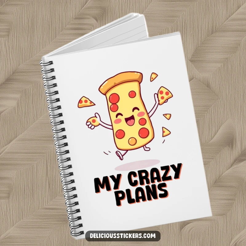 Funny notebook with a pizza slice juggling itself, perfect for jotting down notes or doodles with a smile.