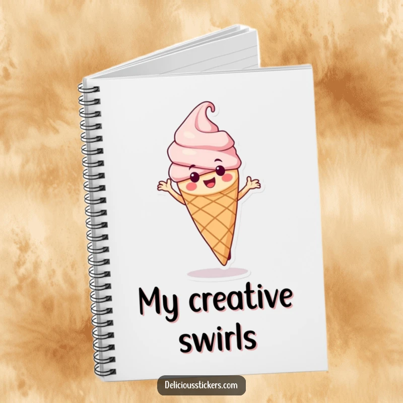 Funny ice cream cone notebook cover with the character in a lively dance, perfect for jotting down notes with a smile.
