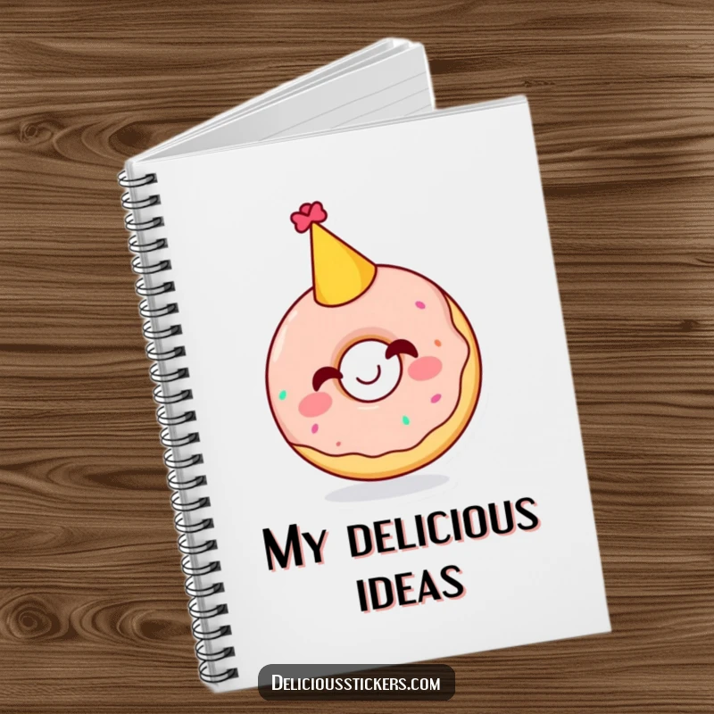 Funny notebook featuring a giggling doughnut character in a party hat, inspiring sweet thoughts and joyful note-taking sessions.
