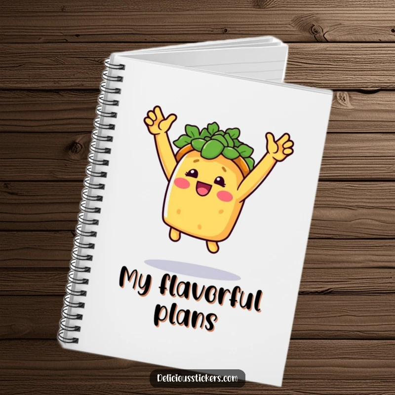 Funny taco triumph notebook showing a smiling taco doing a triumphant jump with arms raised, ideal for notes.