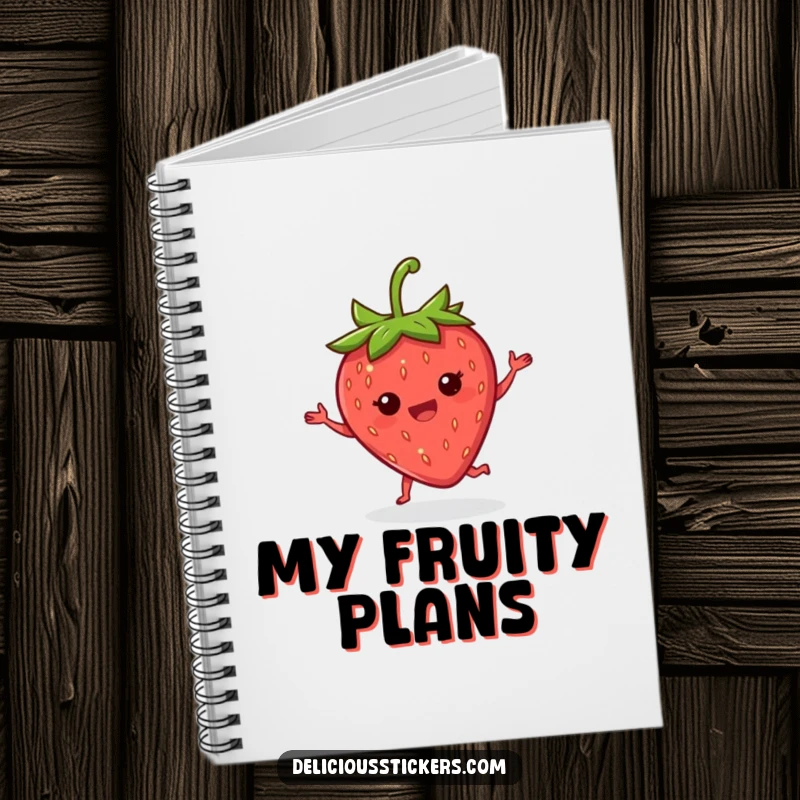Funny strawberry jig notebook featuring a delighted strawberry doing a happy little jig with its leaves, ideal for journaling.