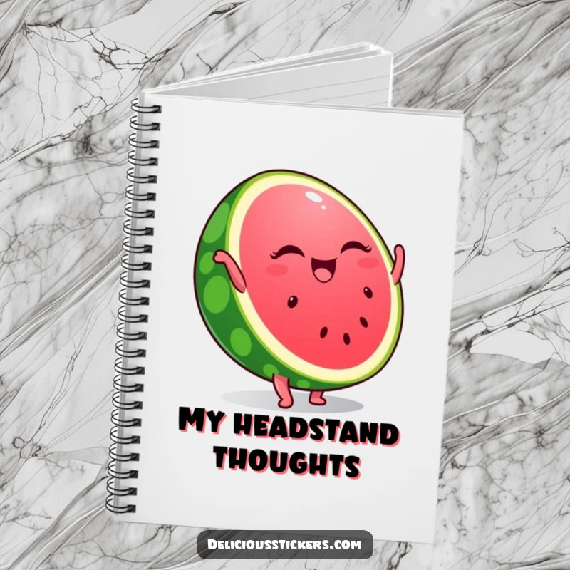 Funny notebook featuring a winking watermelon slice in a handstand, inspiring bright ideas and sunny day plans with its playful design.