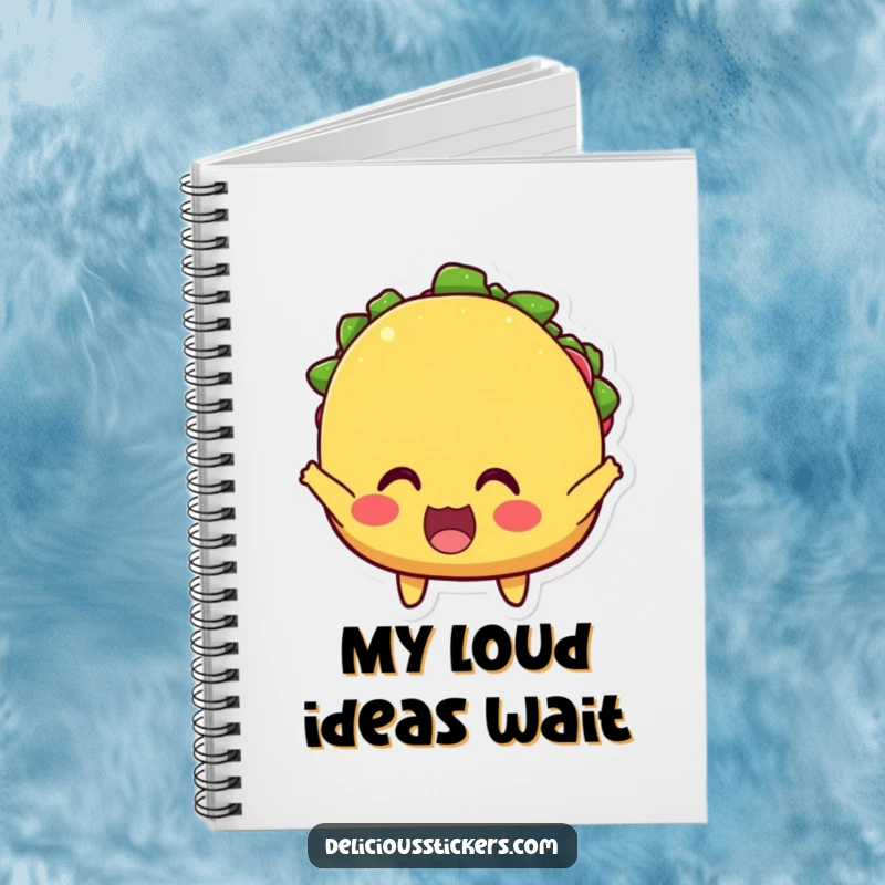 Funny notebook featuring an excited taco character with wide eyes, cheering loudly, ideal for capturing notes with a festive touch.