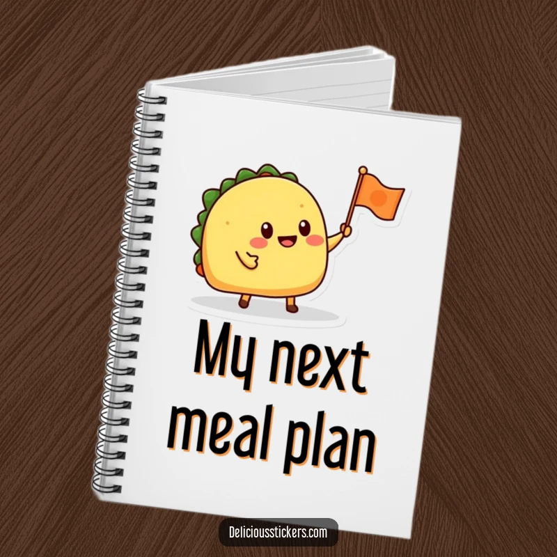 Funny notebook with a cover illustration of a happy taco character waving a tiny flag, perfect for notes.