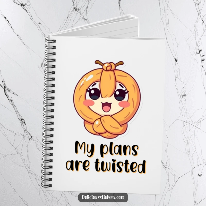 Funny surprised pretzel character tied in a knot inside a notebook, perfect for jotting down humorous thoughts.