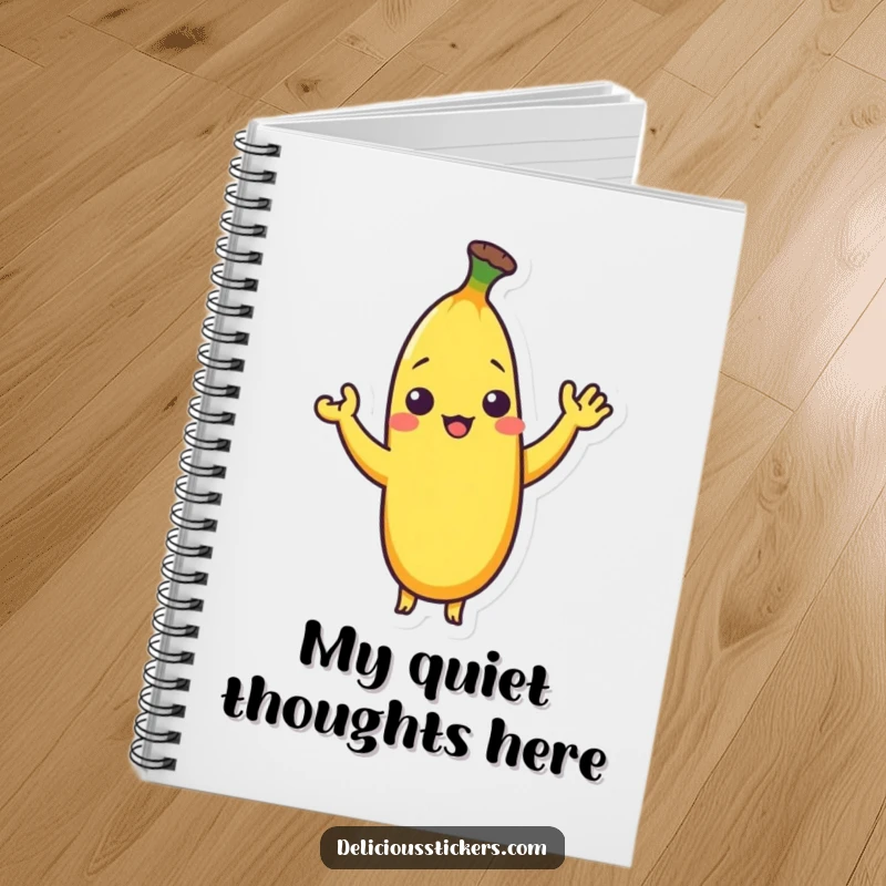 Funny notebook with a cover illustration of a shy banana character doing a gentle wave, perfect for notes.