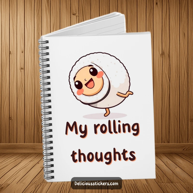 Funny Notebook: A smiling sushi roll with legs is in mid-cartwheel, ready to capture all your energetic ideas and thoughts.