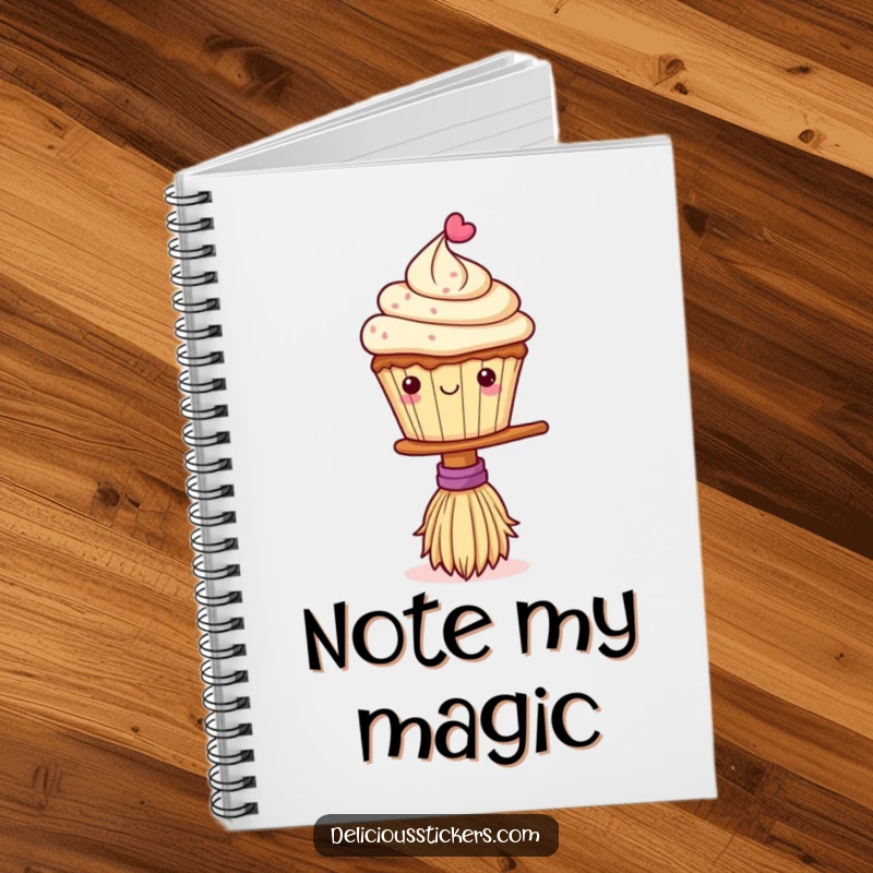Funny notebook with a cute cupcake balancing on a broom, perfect for writing down thoughts with a blend of magic and humor.
