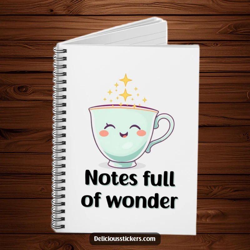 Funny Teacup Notebook with a winking teacup character pouring sparkles, perfect for writing magical thoughts.