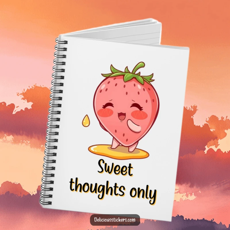 Funny Notebook: A blushing strawberry character reaching for a syrup drop, perfect for jotting down sweet ideas.