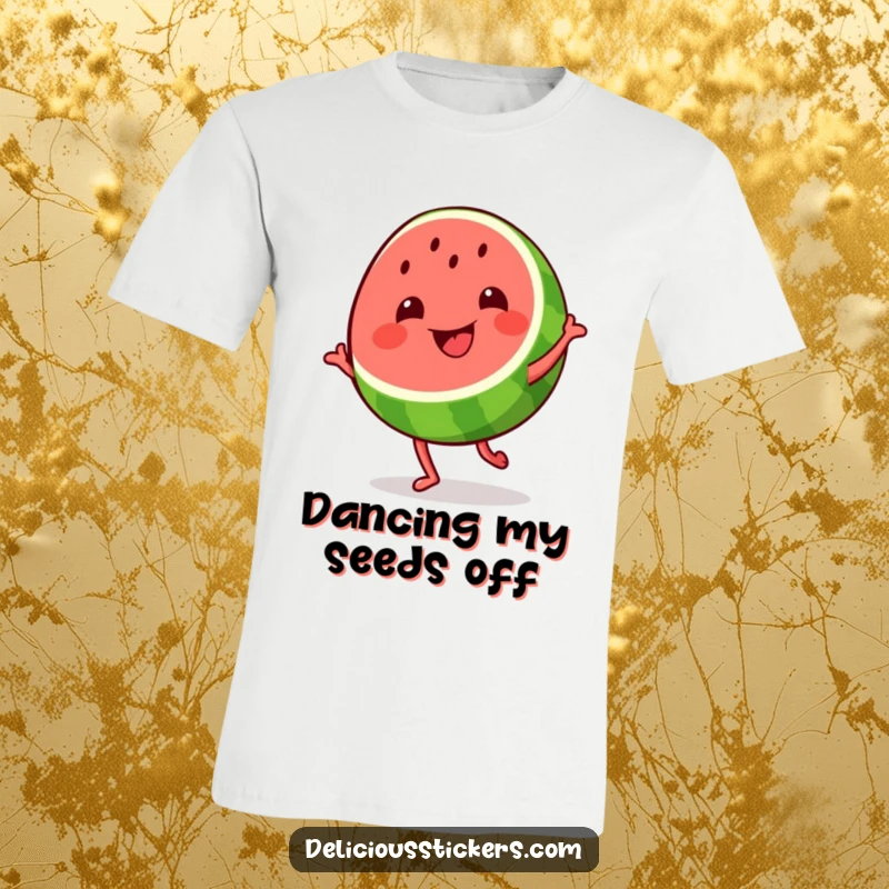Funny grinning watermelon slice t-shirt, the fruit is dancing energetically with a huge smile, embodying pure summer fun.