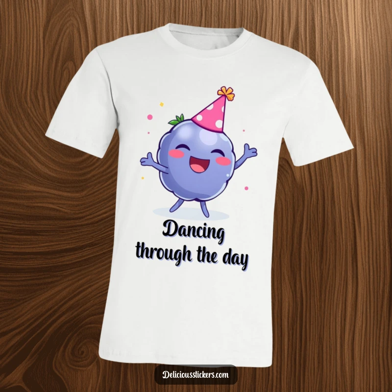 Funny t-shirt showing a laughing blueberry wearing a party hat, joyfully dancing with excitement.