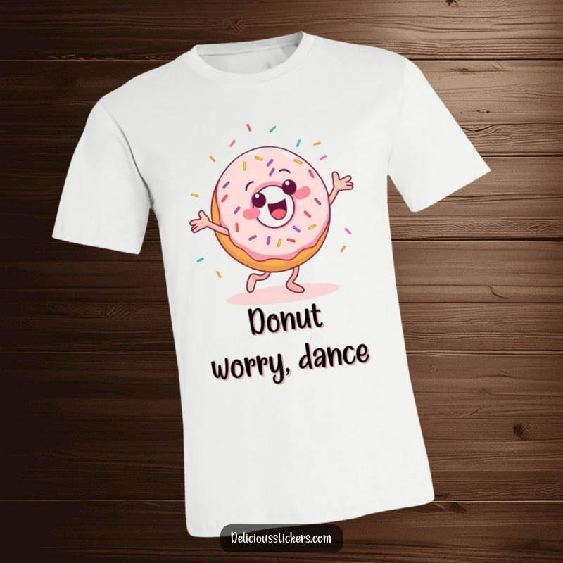 Funny t-shirt with a cheerful donut character performing a silly dance with sprinkles everywhere.