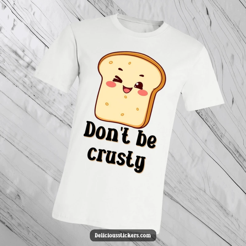 Funny t-shirt depicting a charmingly cheeky bread loaf character with a sly wink and a broad, mischievous grin, embodying baked goods humor.