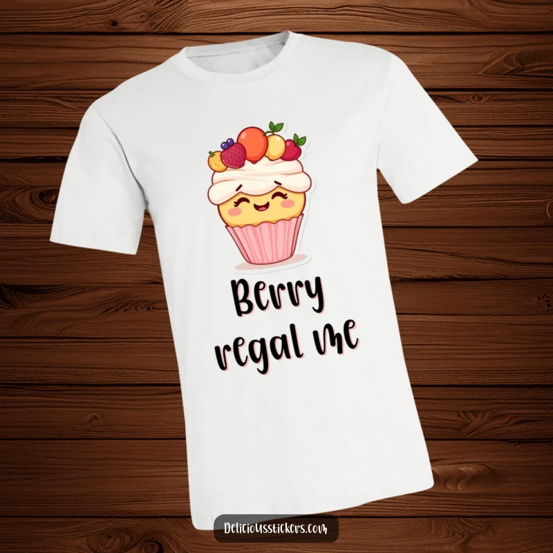 Funny t-shirt featuring a giggling cupcake wearing a vibrant fruit crown, a humorous and sweet design for dessert enthusiasts.