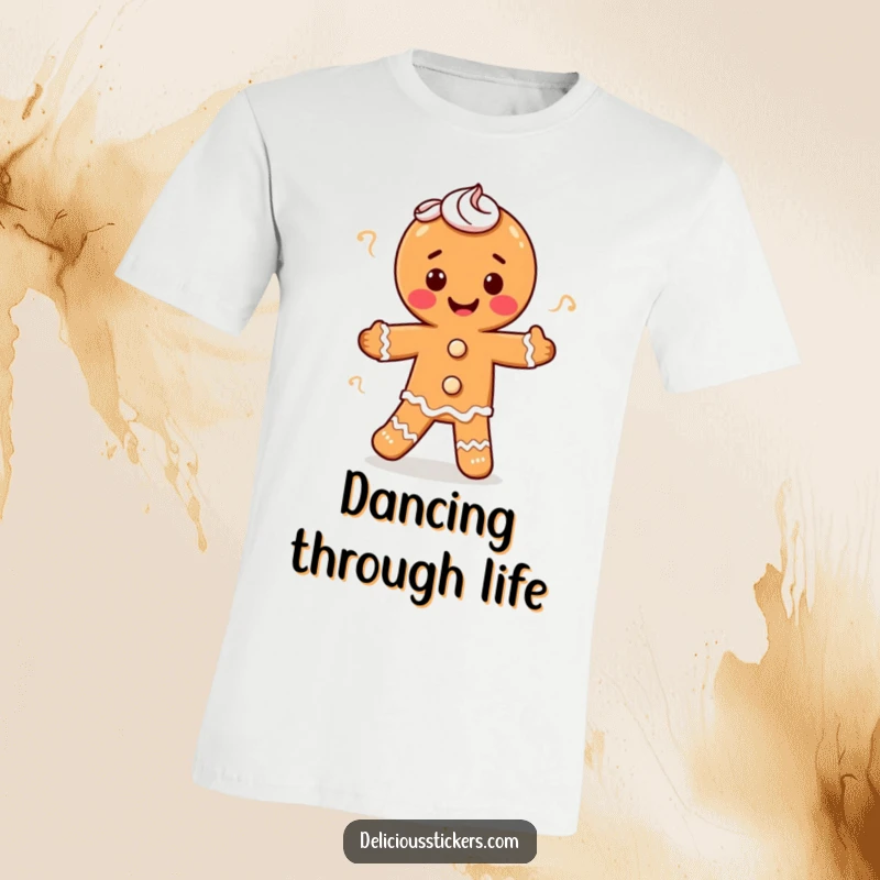Funny gingerbread man with frosting swirls, doing a happy jig, this t-shirt is a humorous and festive funny gift for bakers.