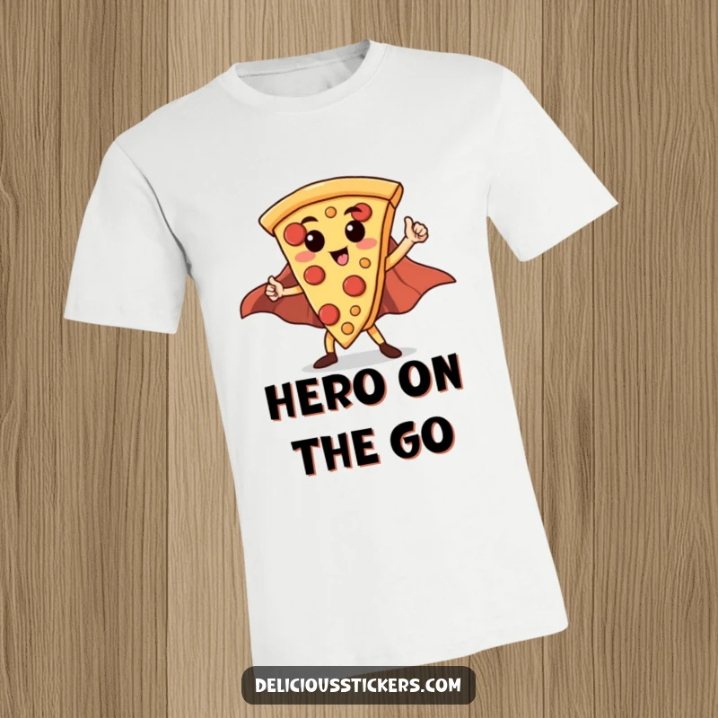 Funny Hero Pizza Slice T-Shirt: A proud pizza slice wearing a flowing red cape strikes a confident superhero stance.