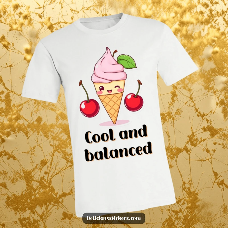 Funny ice cream cone winking and balancing cherries, this t-shirt is a humorous and cool funny gift for ice cream lovers.