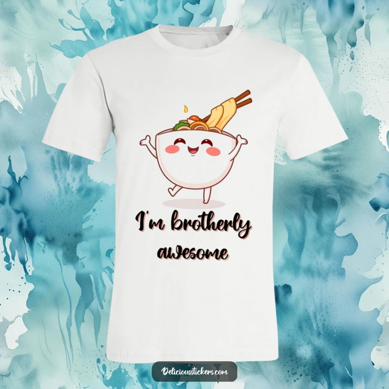 Funny ramen bowl t-shirt doing a happy dance, cartoon noodles celebrating, ideal for a humorous apparel gift.