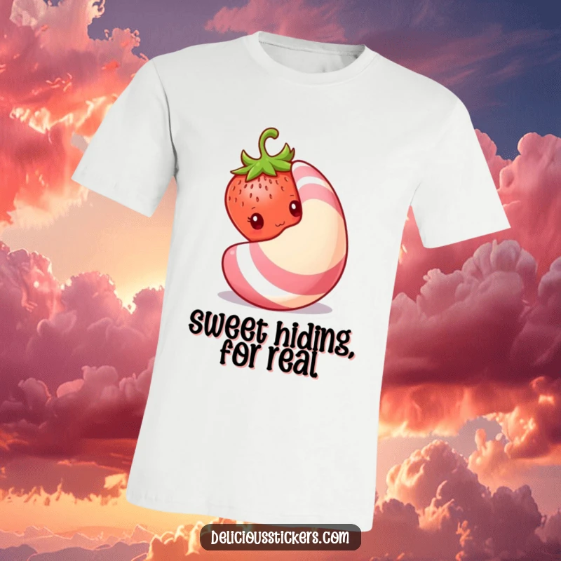Funny shy strawberry t-shirt, a small strawberry peeks cautiously from behind a giant candy, showcasing its bashful nature.