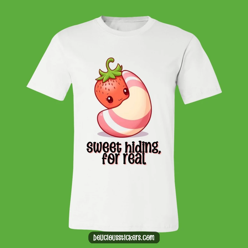 Funny Shy Strawberry T-Shirt: Peeking Behind Candy, Great Gift