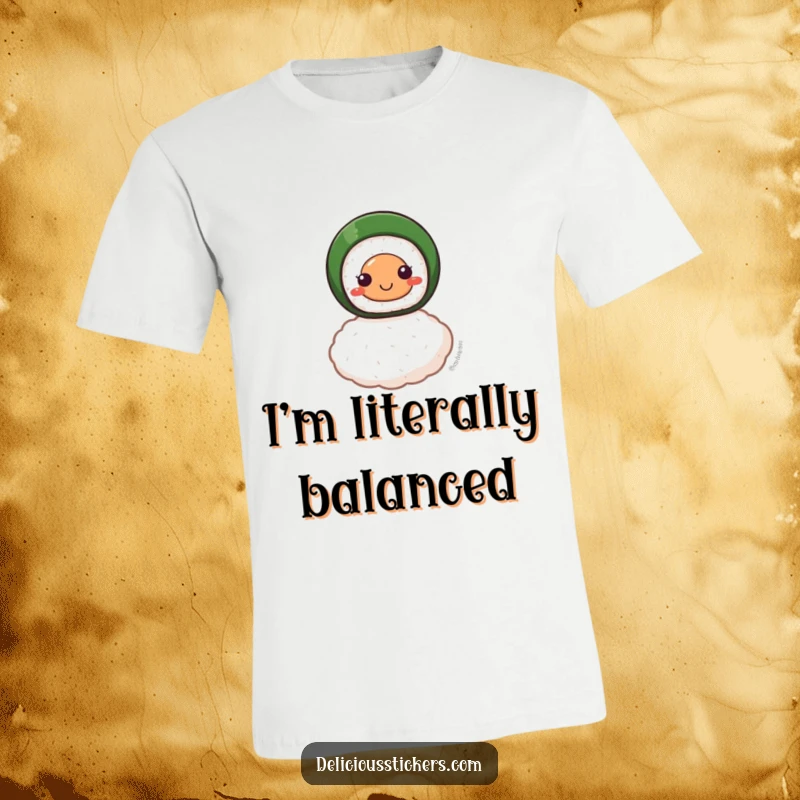 Funny T-shirt depicting a smiling sushi roll gracefully balancing on a single grain of rice, representing perfect harmony.