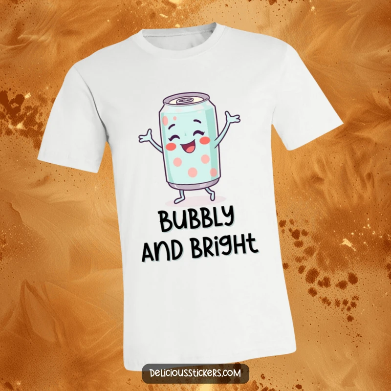Funny Soda Can T-Shirt depicting a cheerful soda can character energetically doing a happy dance, full of rhythm.