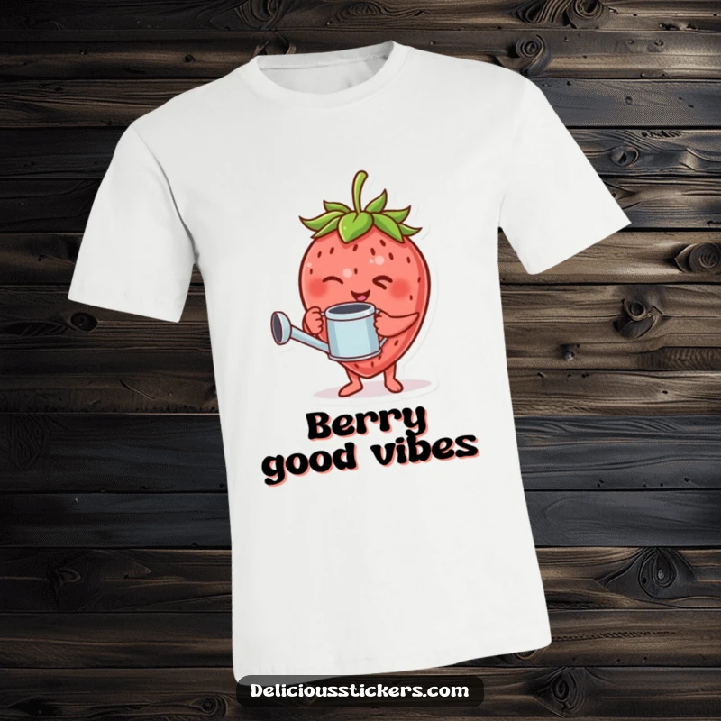 Funny t-shirt with a giggling strawberry character offering a wink while watering with a tiny can.
