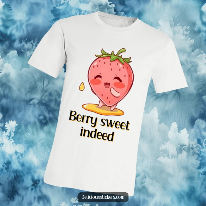 Funny T-Shirt: A blushing strawberry character stretching to catch a syrup drop, highlighting adorable determination.