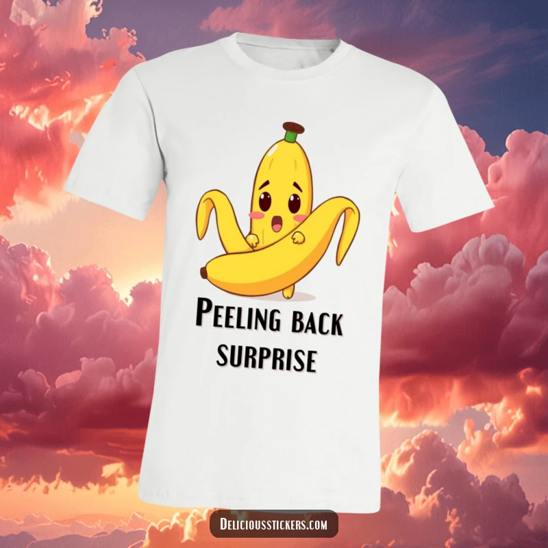 Funny T-shirt with a startled banana character emerging from a giant banana peel, capturing a moment of surprise.
