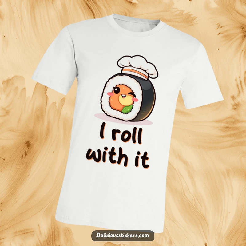Funny sushi roll t-shirt, winking with a chef hat, a cute cartoon for a humorous apparel gift.