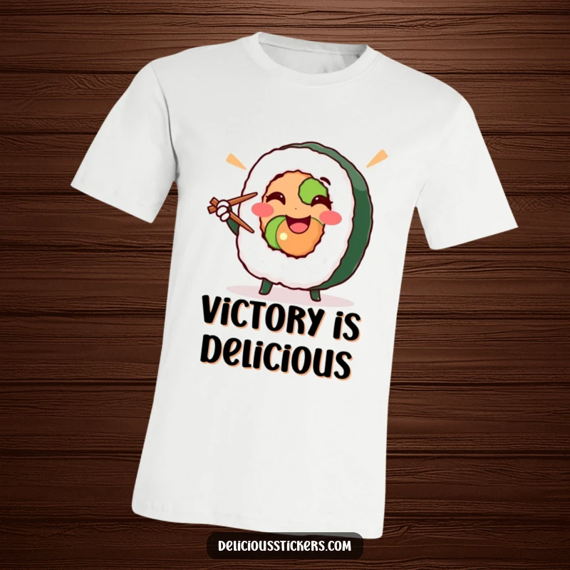 Funny sushi roll character doing a victory pose with chopsticks, this t-shirt is a humorous and celebratory funny gift.