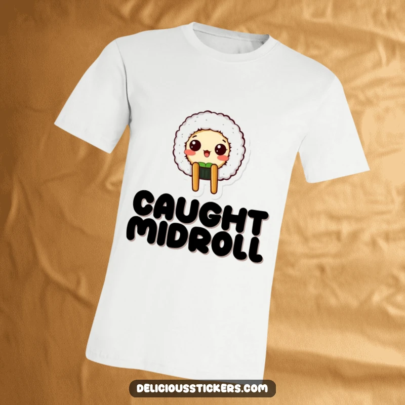 Funny T-shirt depicting a startled sushi roll character peeking over the edge of a chopstick holder.