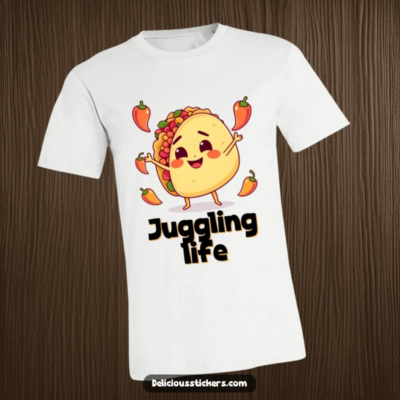 Funny T-Shirt: A cartoon taco with a determined look joyfully juggles small, vibrant peppers, celebrating flavor and fun.