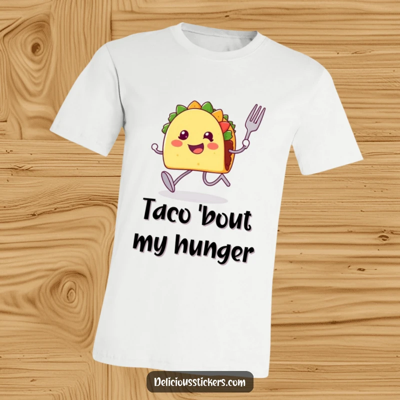 Funny t-shirt with a happy taco character in full sprint, holding a fork and spoon, embodying pure joy.