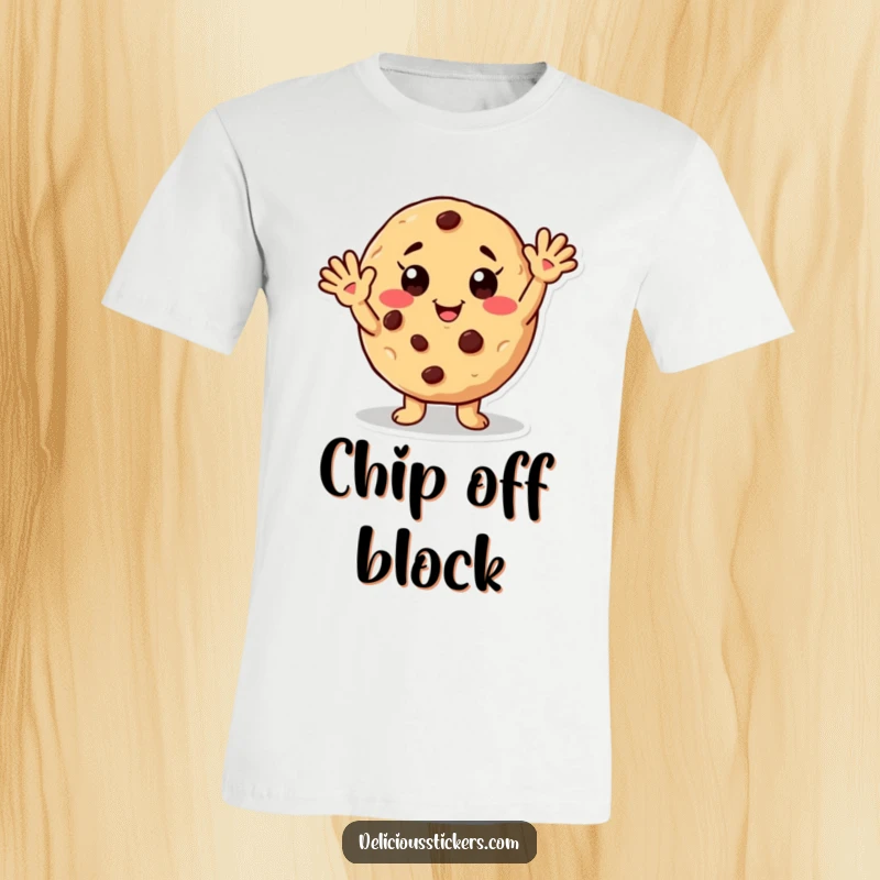 Funny t-shirt featuring a happy waving cookie character with chocolate chip freckles, a humorous and delightful design.