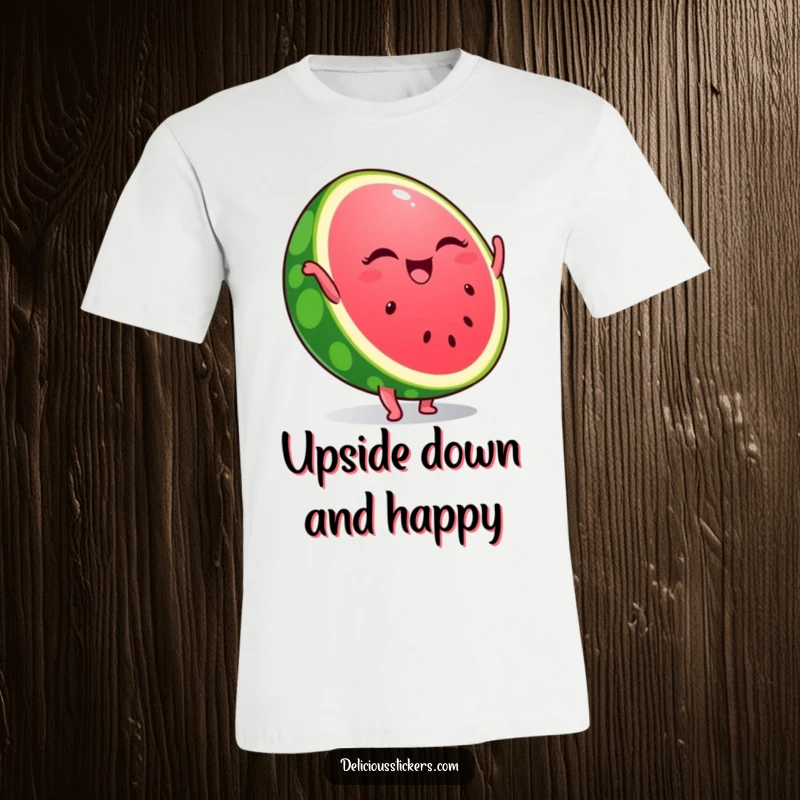 Funny t-shirt depicting a winking watermelon slice doing a handstand, embodying a playful, energetic, and summery disposition.