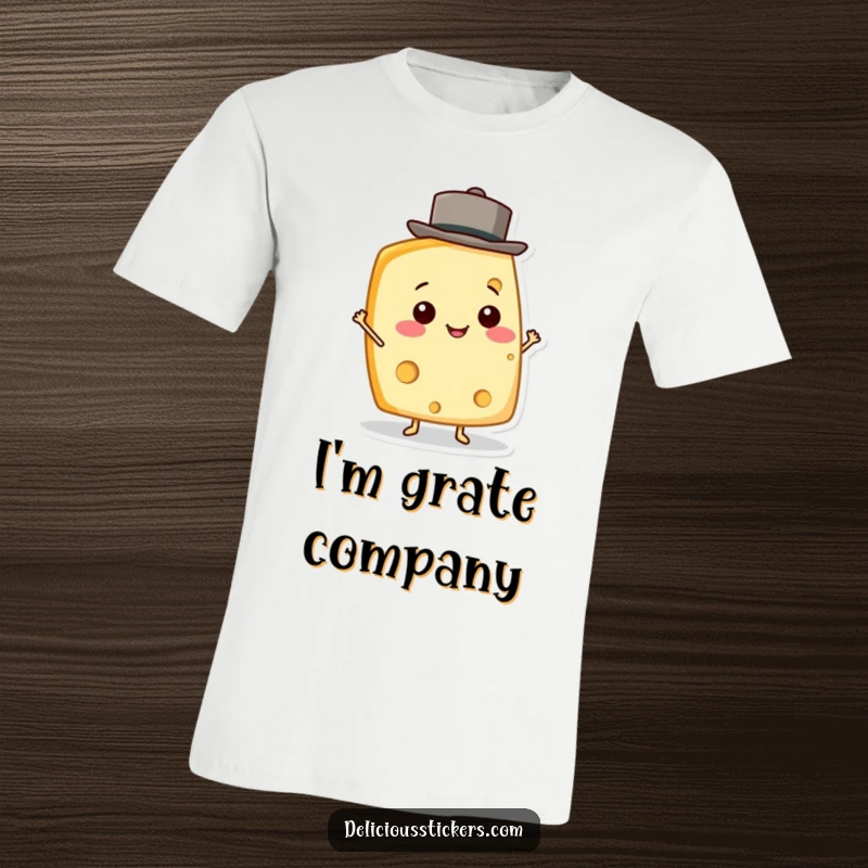 Funny Cheese Wedge T-Shirt showcasing a cheerful cheese character expertly balancing a miniature hat, symbolizing fun.