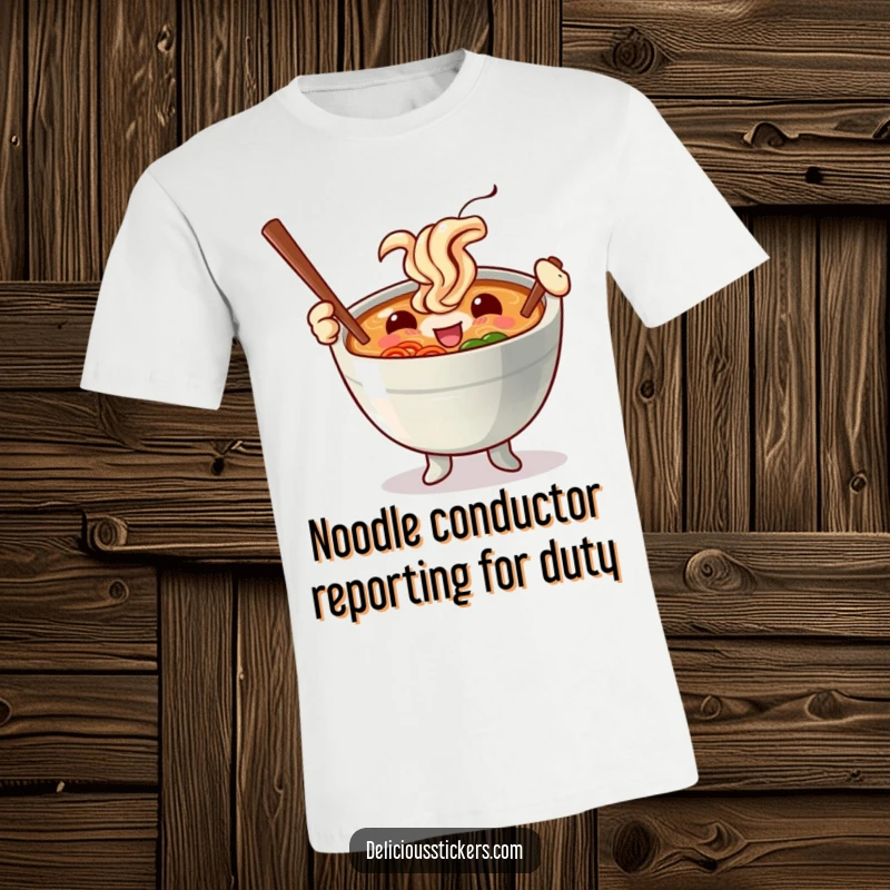 Funny t-shirt with a joyful ramen bowl character expertly twirling chopsticks like miniature batons, showcasing a playful dining attitude.