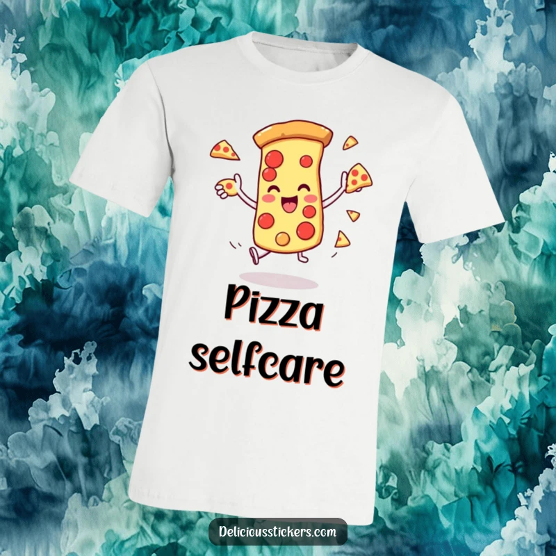Funny T-shirt with a pizza slice character impressively juggling pieces of itself, celebrating fun and deliciousness.